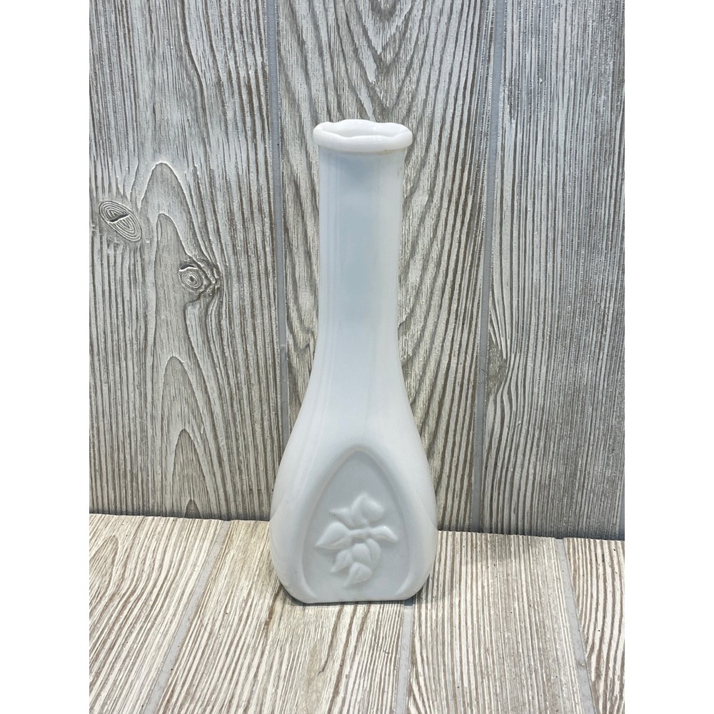 Vintage White Milk Glass Bud Vase Embossed Leaf Floral Design 9.25 Inch